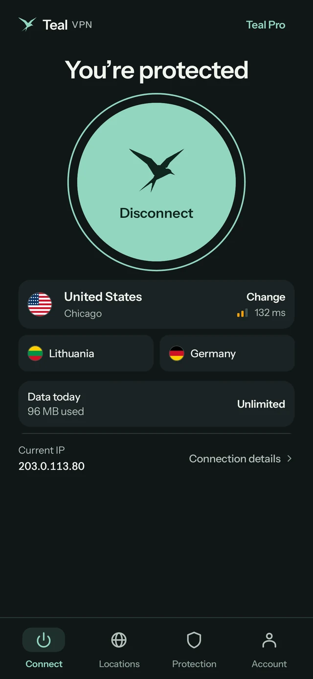 Teal VPN home screen on a Pro account: connected to the United States, Lithuania and Germany one tap away, unlimited data